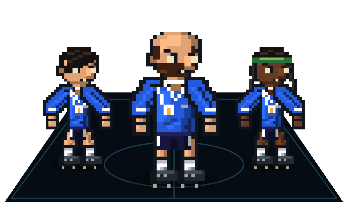 Dot Shiv, Bert Grinder and Ivy Dynamo in the Mincers' blue kits, rendered with the game's pixel-art player models.