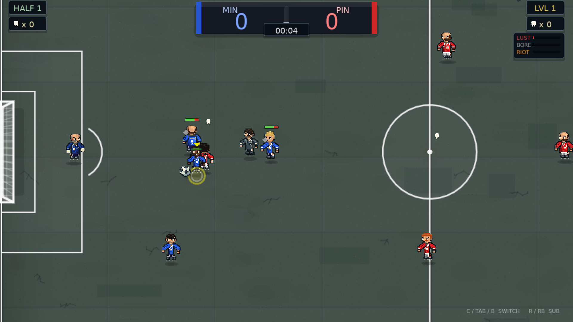 Blue and red players contest the ball on the cracked municipal concrete pitch as the referee watches.