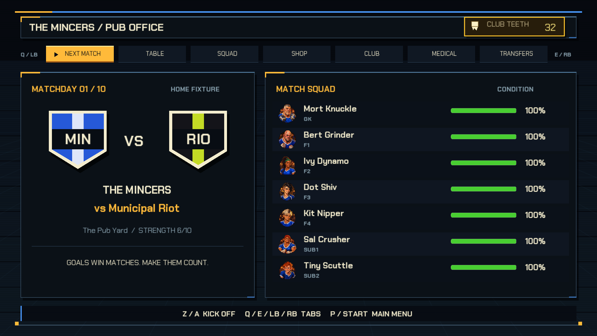 The Mincers' pub office with the next fixture against Municipal Riot and seven named players in the match squad.