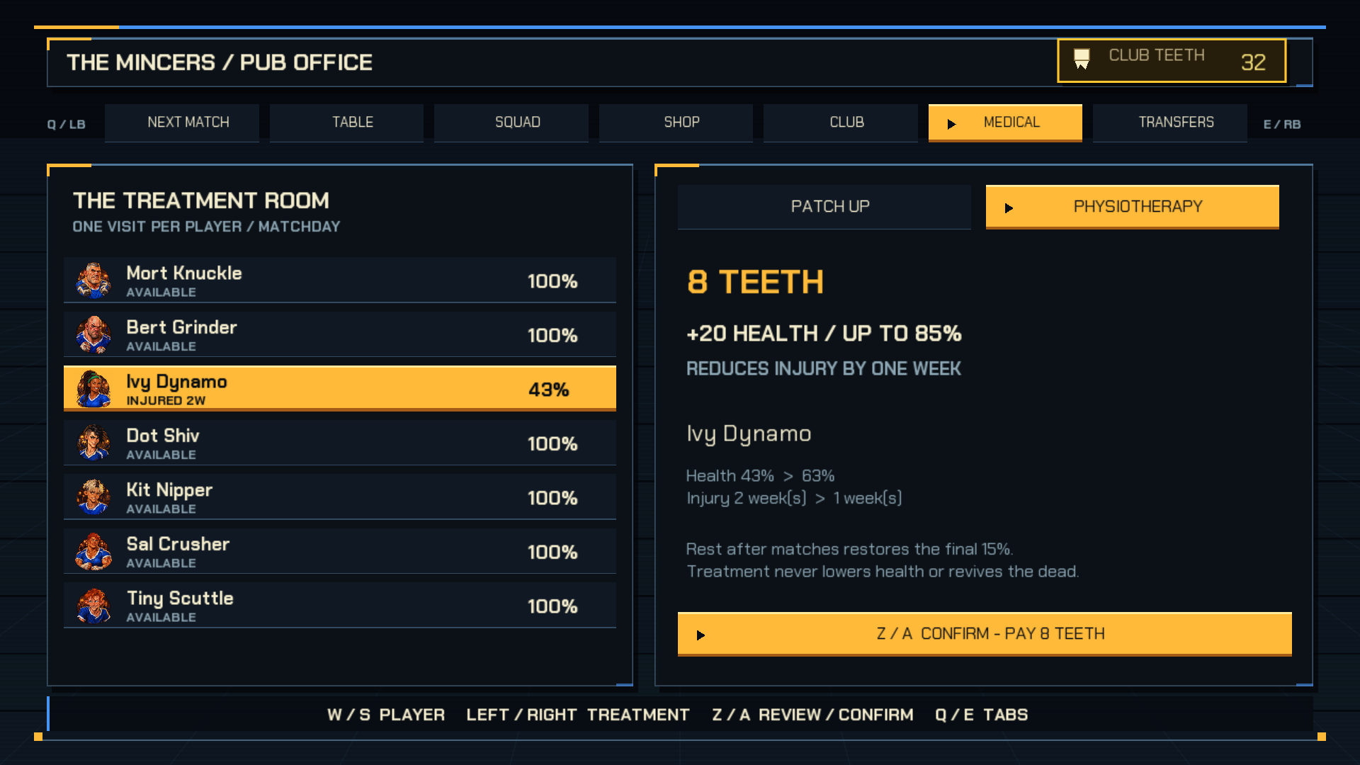 The medical room shows the squad's health and treatment options for an injured Ivy Dynamo.